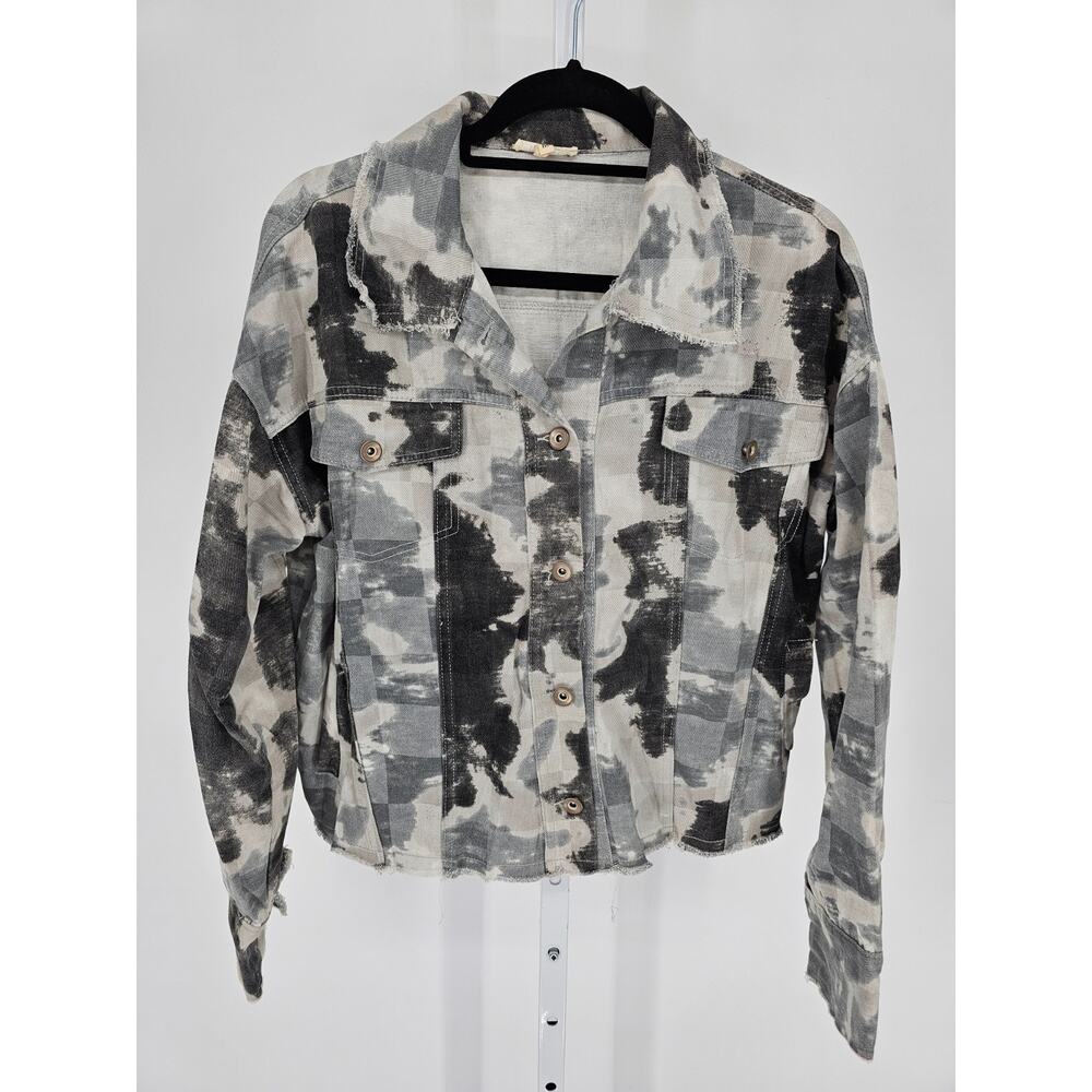 La Miel Womens Sz M Button Up Denim Jacket Gray Black Camo Print
